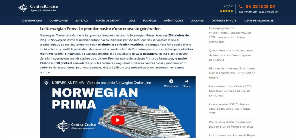 Autre exemple d'article (objectif SEO) pour le compte de l'agent de croisière : Central Cruise.